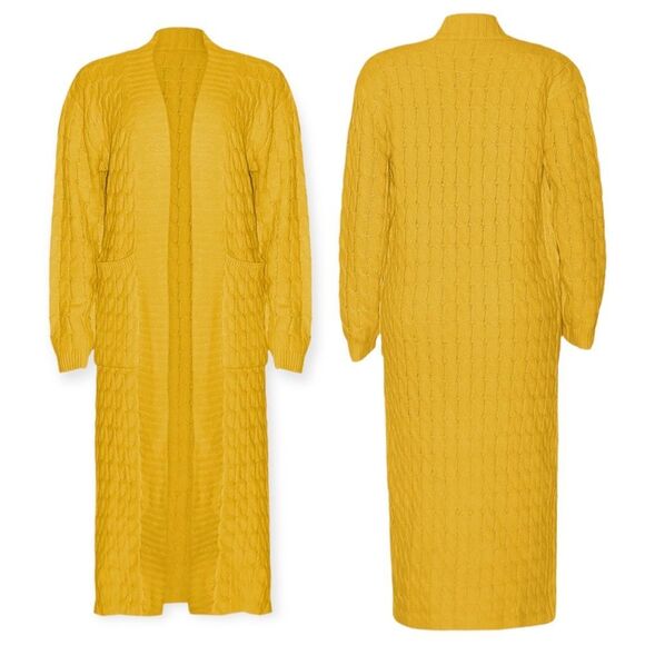 Long Sleeve Front Pockets Yellow Long Knit  Cardigan Sweater Jacket NEW - Picture 3 of 4